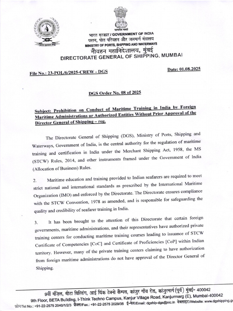 DGS Order No. 08 of 2025 Summary | PDF | Shipping | Water Transport
