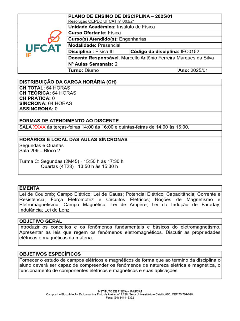 Plano de Ensino: Física III - Eletromagnetismo | PDF | Eletricidade ...