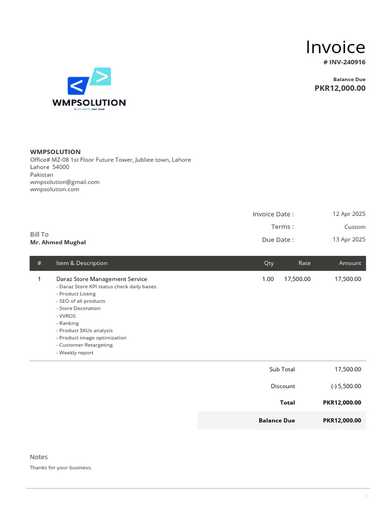 Invoice for Daraz Store Services | PDF