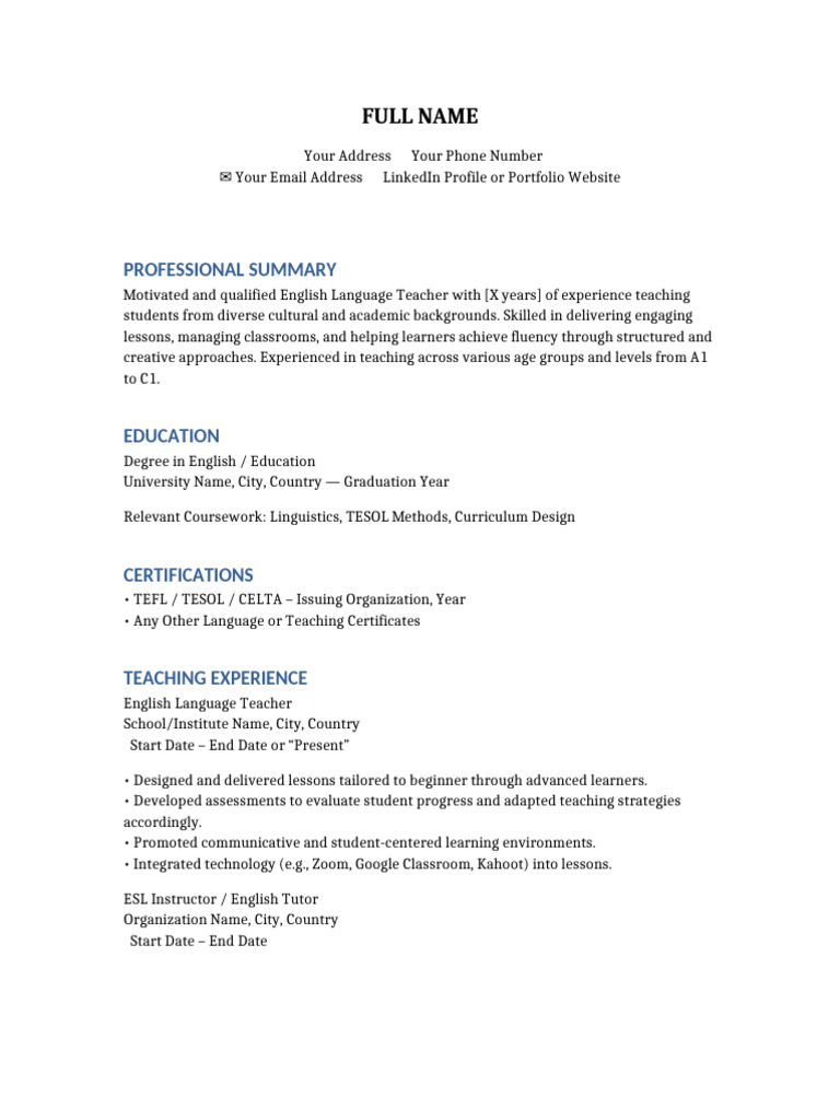 English Teacher CV Template | PDF
