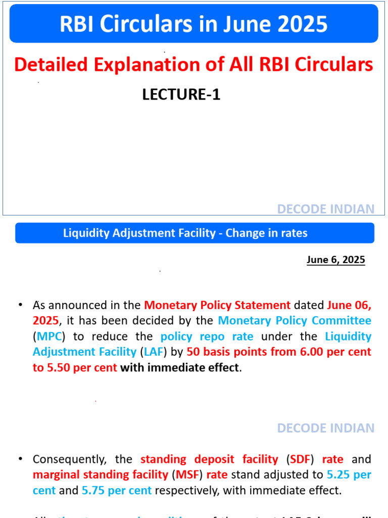 RBI Circulars Summary - June 2025 | PDF | Reserve Bank Of India | Economies