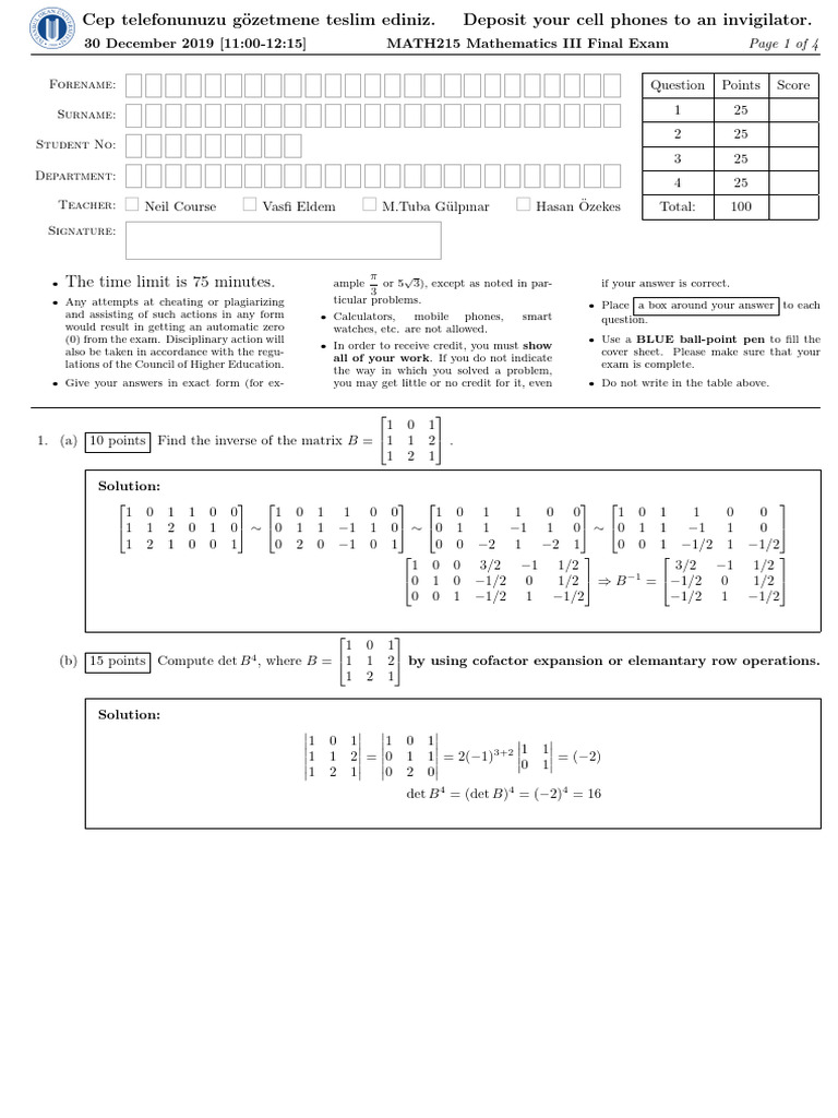 MATH215 Final Exam Solutions Guide | PDF | Eigenvalues And Eigenvectors ...