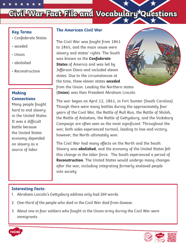 Eighth Grade Civil War Fact File and Vocabulary Questio | PDF ...