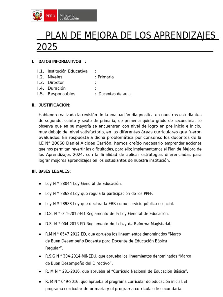 Plan de Mejora de Aprendizajes 2024 | PDF | Aprendizaje | Plan de estudios