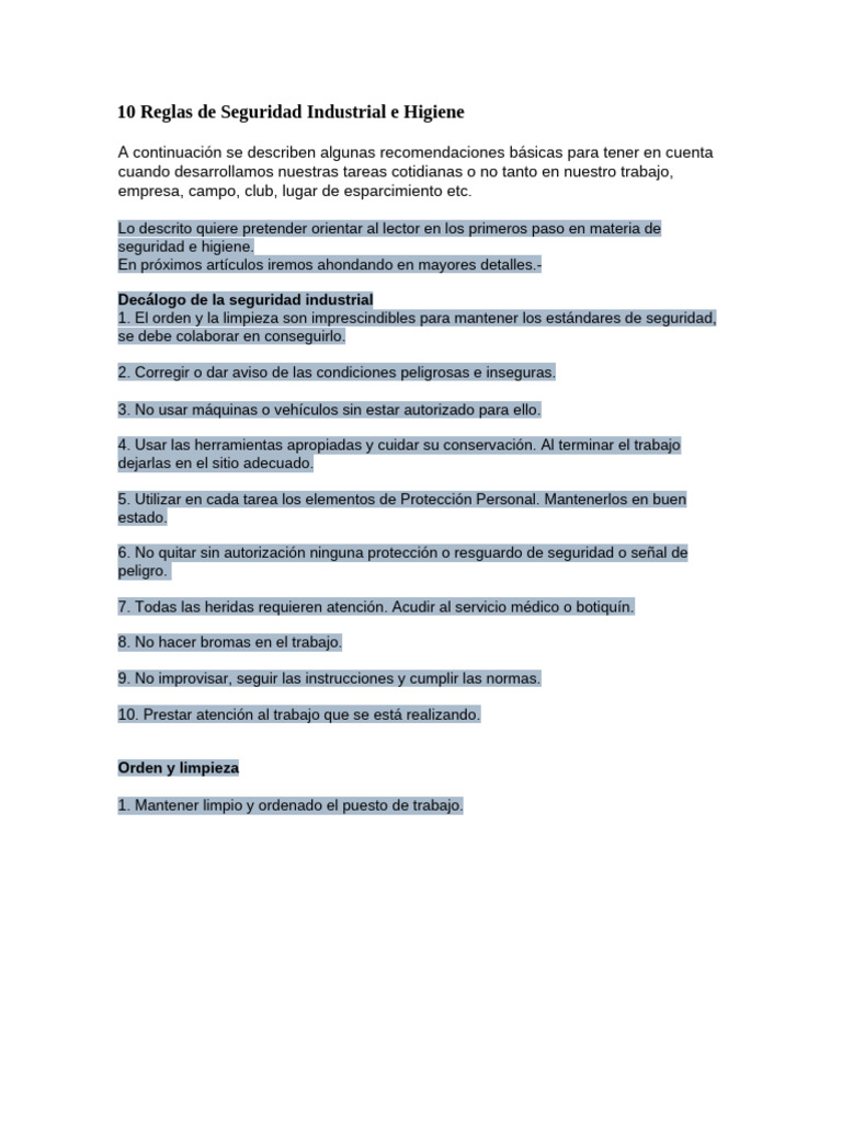 10 Normas de Seguridad e Higiene | PDF | Agua