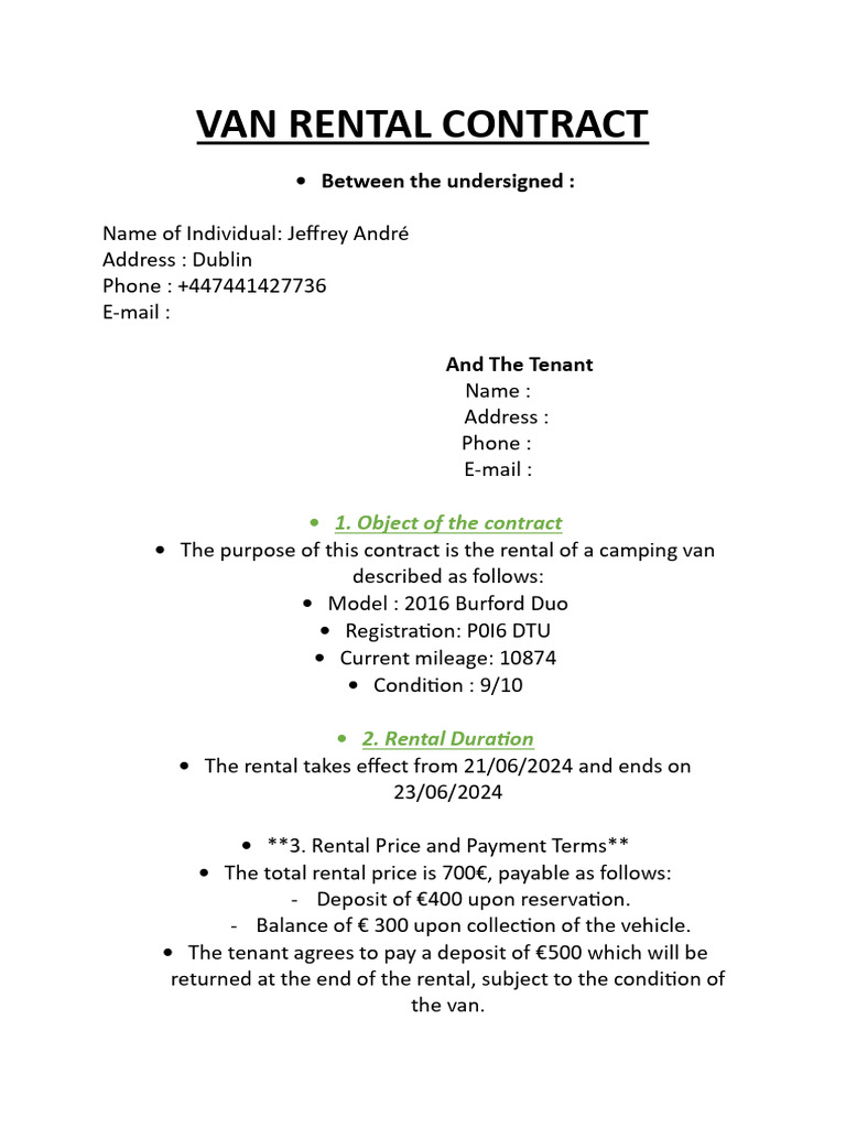 Camping Van Rental Contract Template | PDF | Private Law