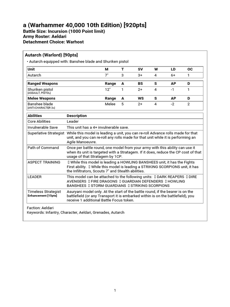 Aeldari Army Roster for Warhammer 40K | PDF | Infantry | Warfare