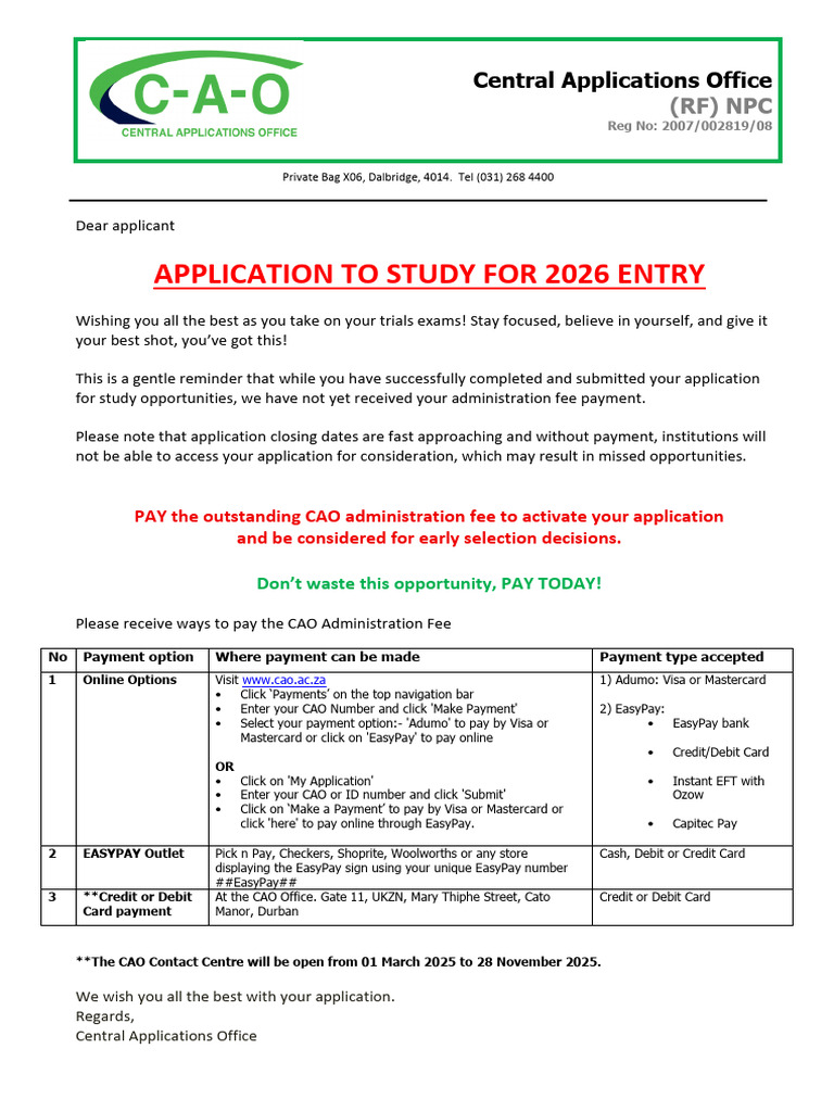 CAO 2026 Application Fee Reminder | PDF | Debit Card | Payments