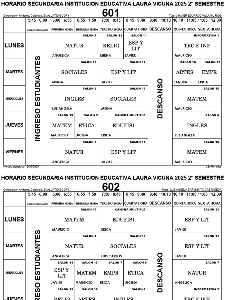 Horario Secundaria 2025 - Laura Vicuña | PDF | Escuelas | Ambiente ...