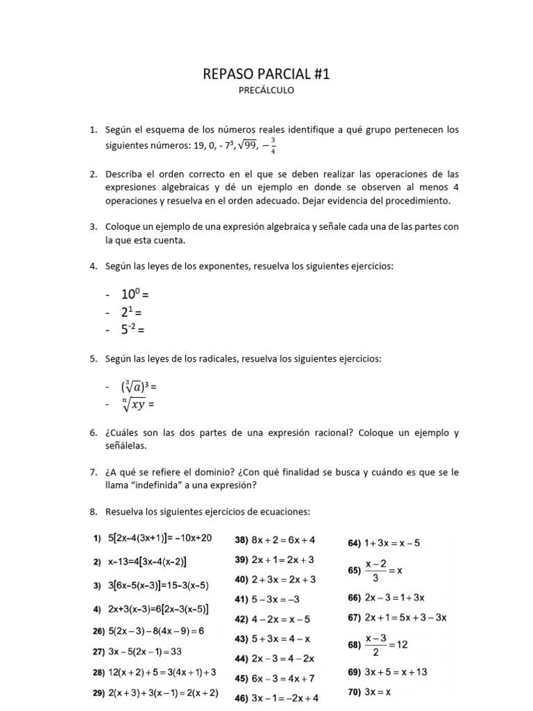 Repaso Parcial de Precálculo: Ejercicios Clave | PDF