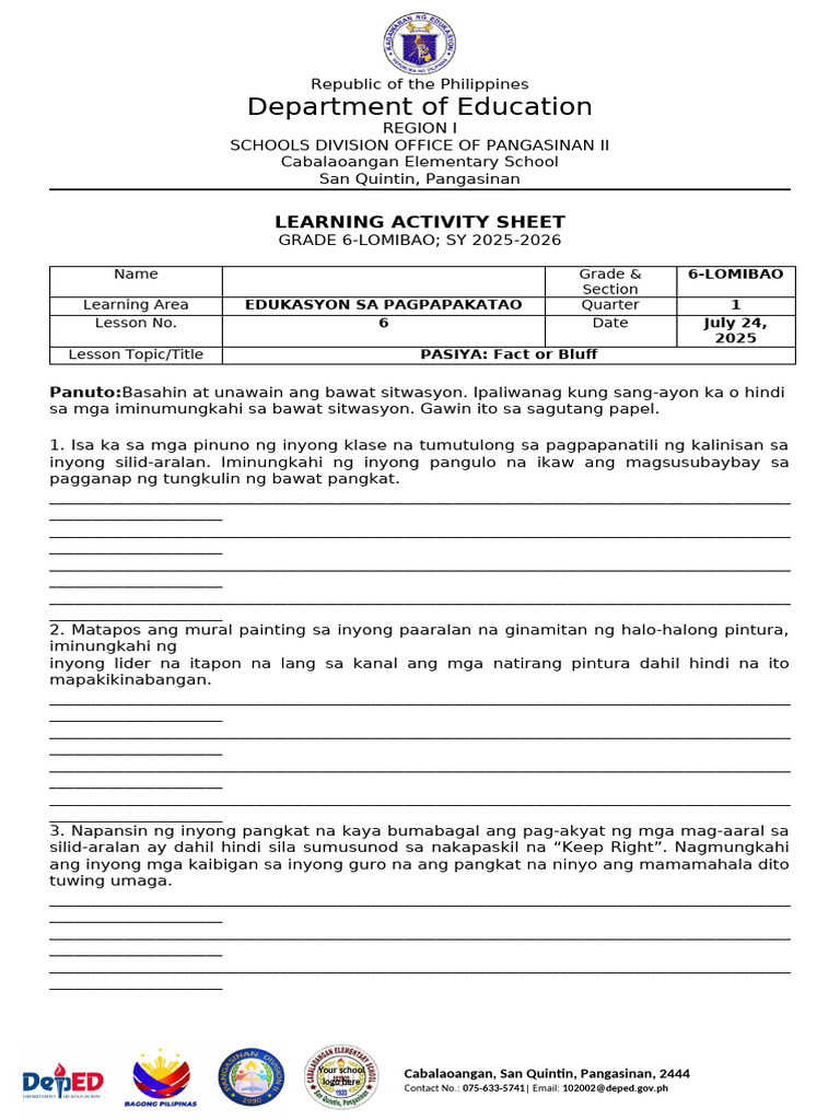 Learning Activity Sheet in Grade 6 | PDF
