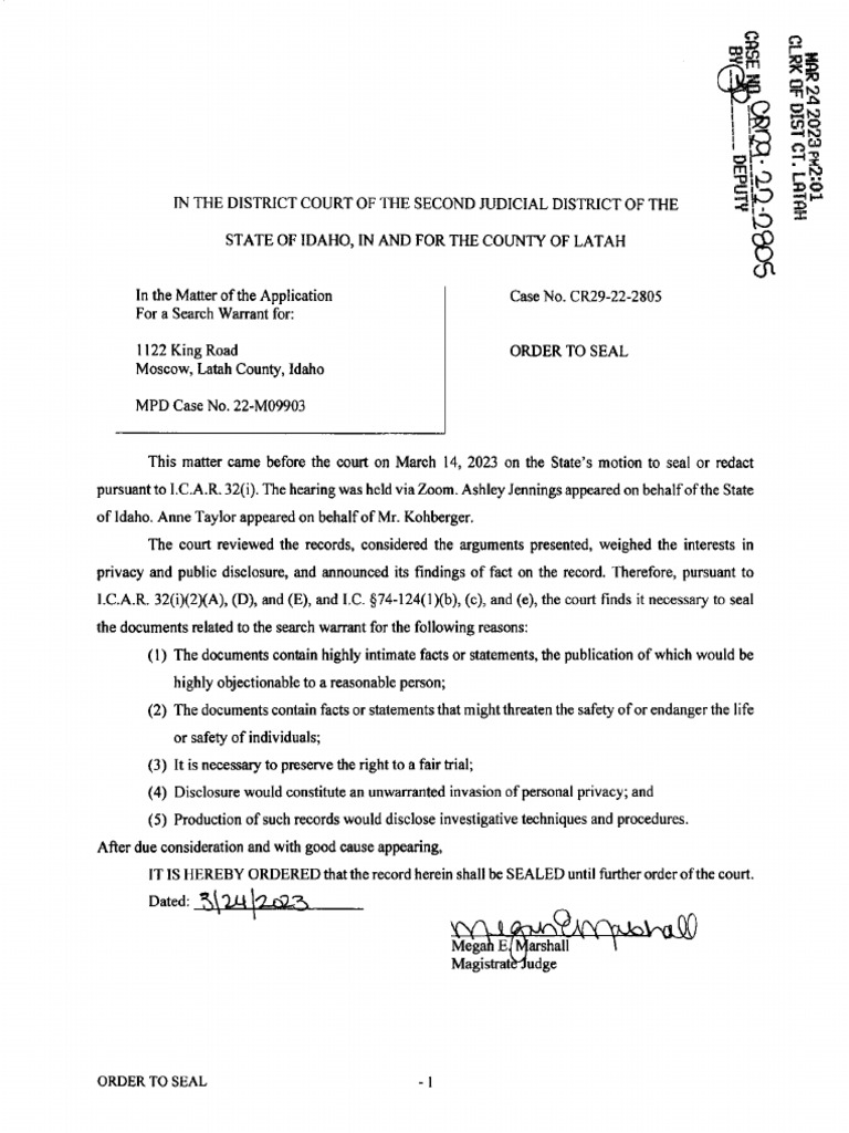Latah County Case CR29-22-2805 Sealing Order | PDF | Prosecutor ...