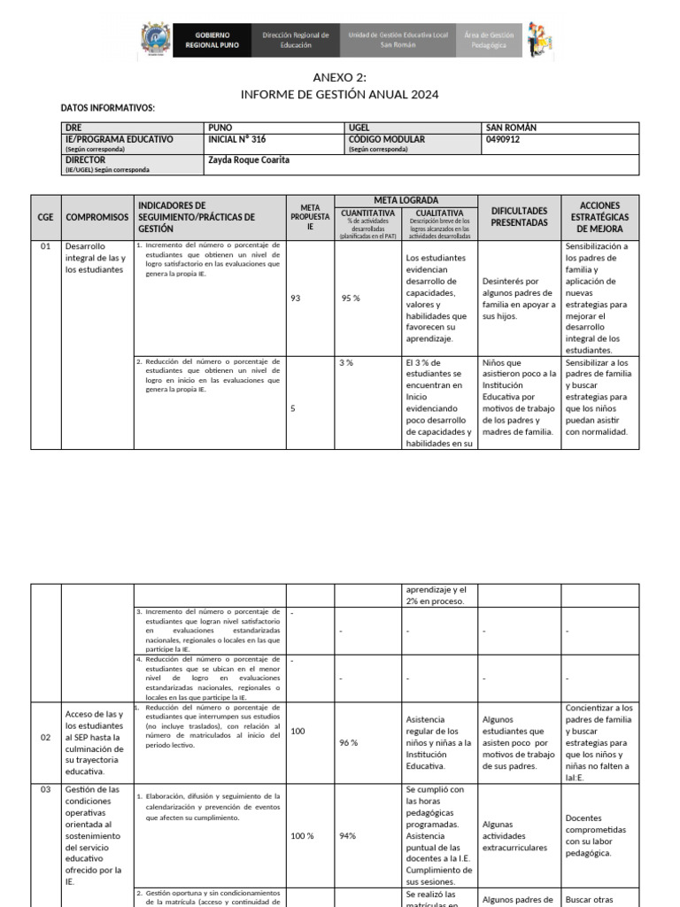 Informe de Gestión Anual 2024 Puno | PDF | Educación de la primera ...