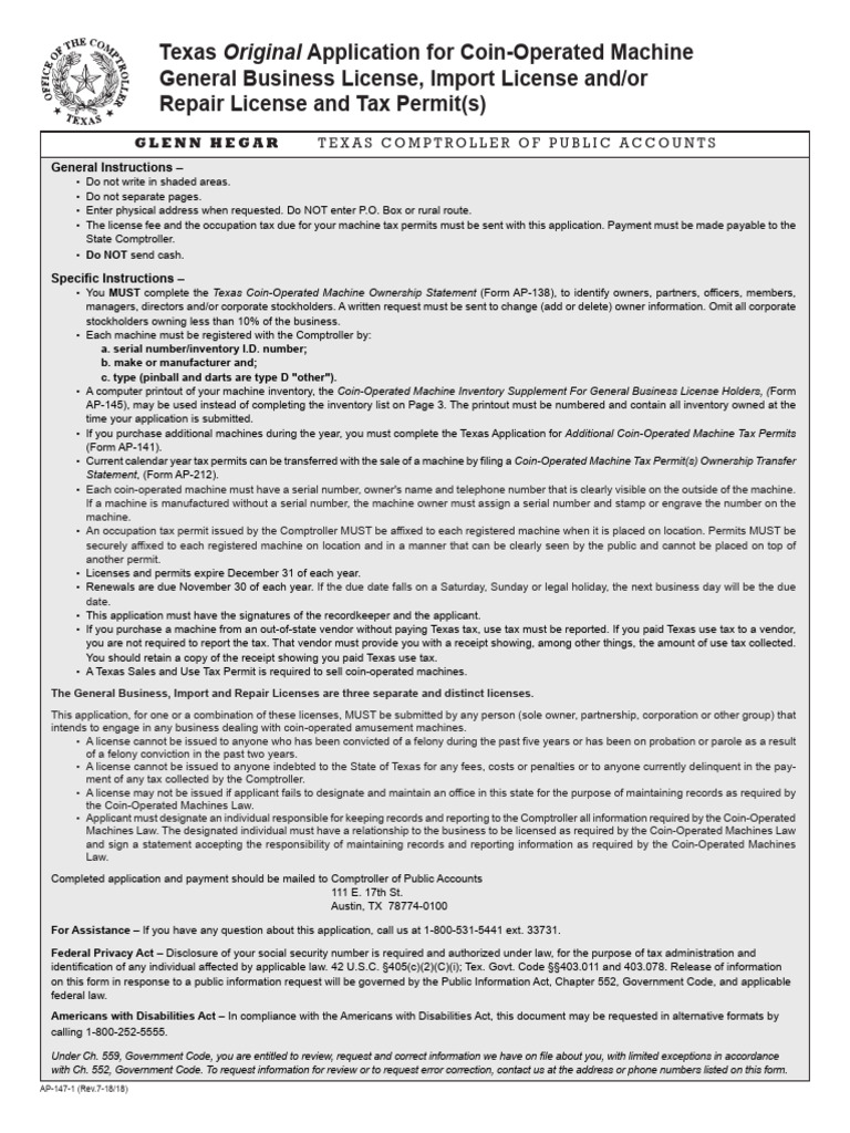 Texas Coin-Operated Machine License Application | PDF | Use Tax ...
