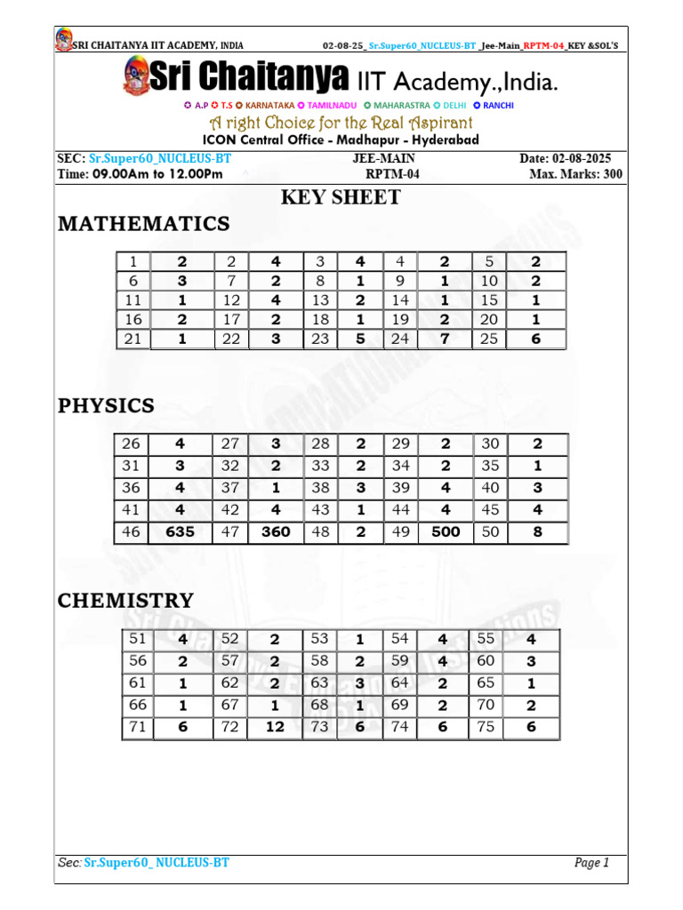 Sri Chaitanya JEE-Main Test Solutions | PDF | Waves | Sound