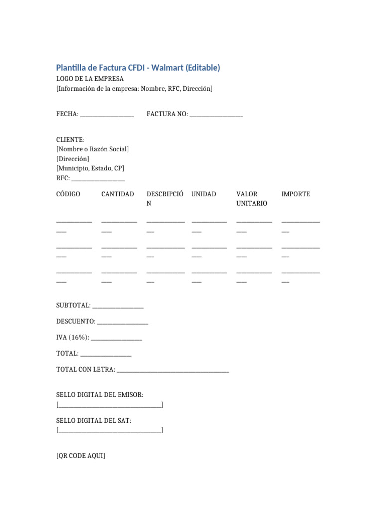 Plantilla Editable de Factura Walmart | PDF