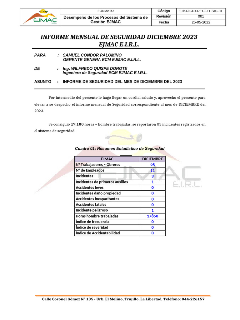 Informe Mensual de Seguridad Diciembre 2023 | PDF | Materiales | Sector ...