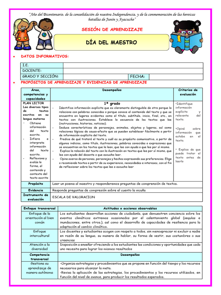 Sesión de Aprendizaje: Plan Lector 1° Grado | PDF | Aprendizaje ...
