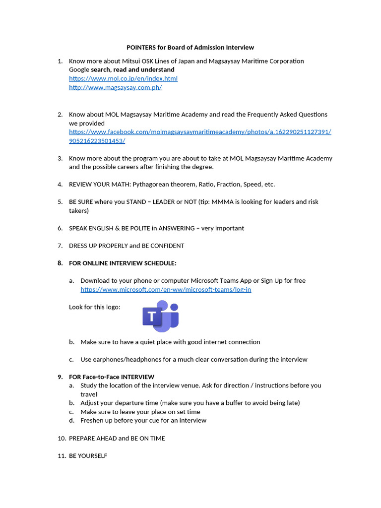 Board of Admission Interview Tips | PDF