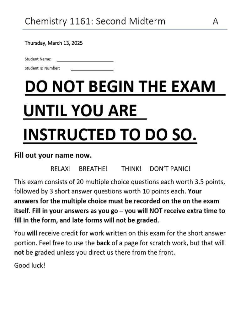 Do Not Begin The Exam Until You Are Instructed To Do So.: Chemistry ...