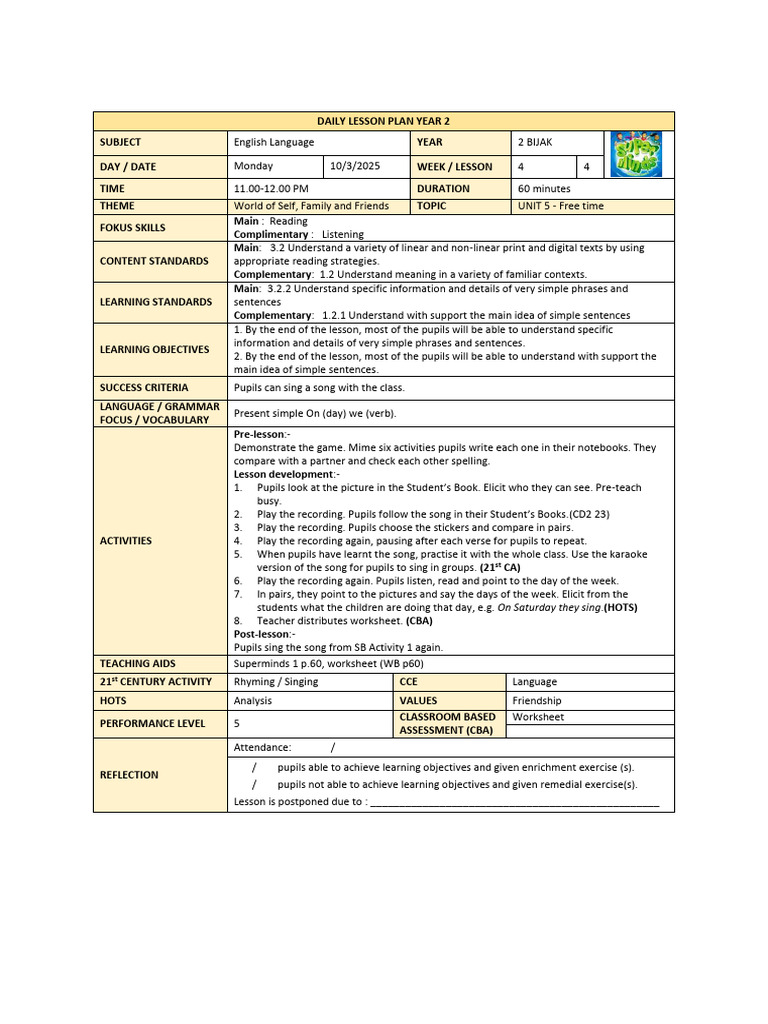 Year 2 English Lesson Plan: Free Time | PDF | Lesson Plan | Learning