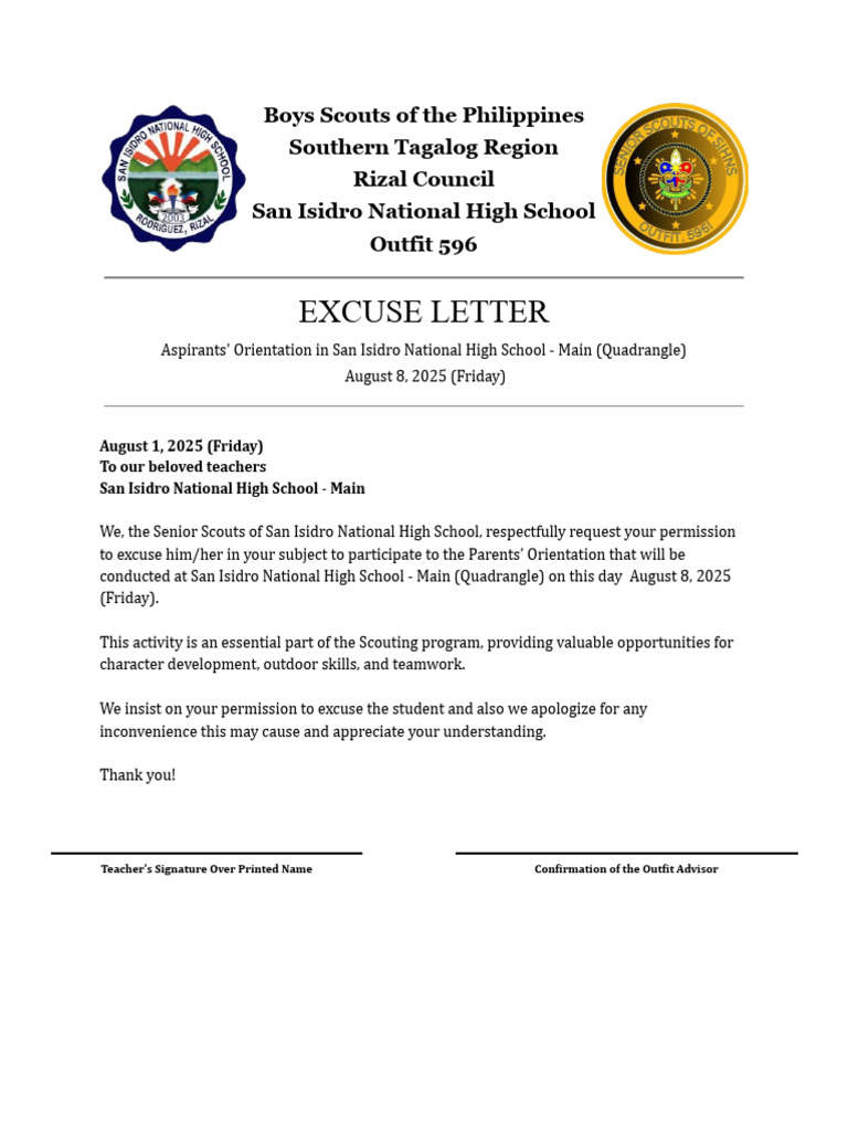 Tagalog Excuse Letter for Orientation | PDF