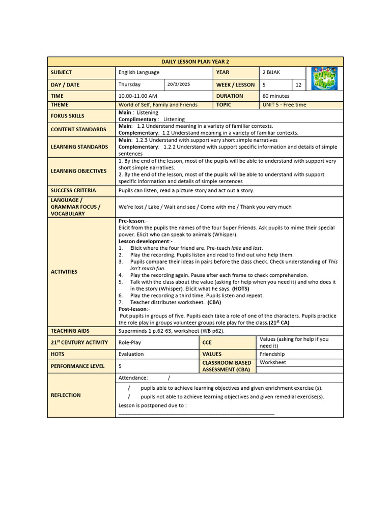 DAILY LESSON PLAN YEAR 2 B | PDF | Lesson Plan | Reading Comprehension