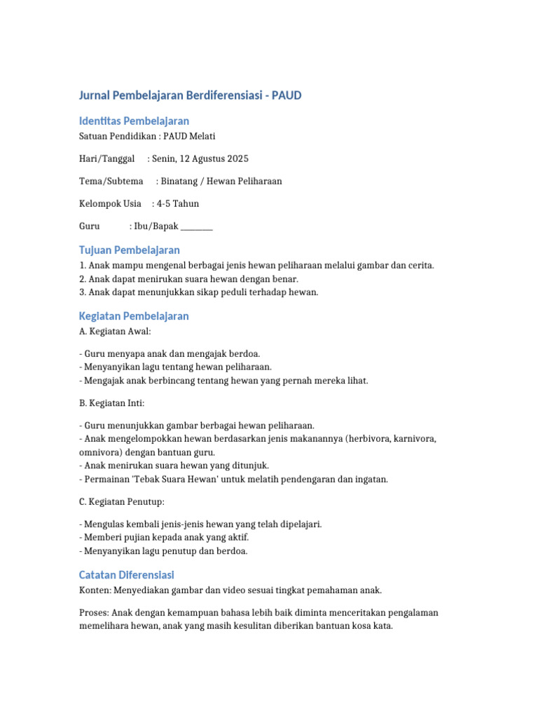 Jurnal Pembelajaran Berdiferensiasi Paud | PDF