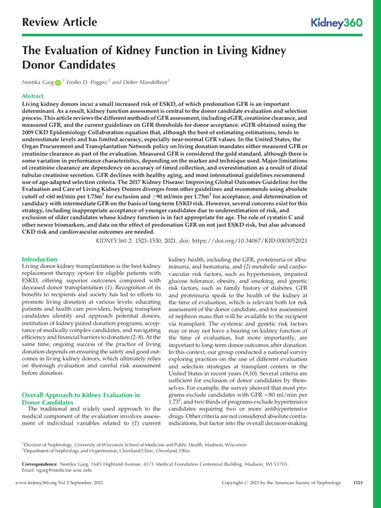 The Evaluation of Kidney Function in Living Kidney.19 | PDF | Urinary ...