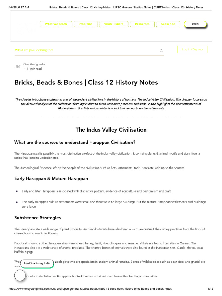 Class 12 History: Indus Valley Notes | PDF
