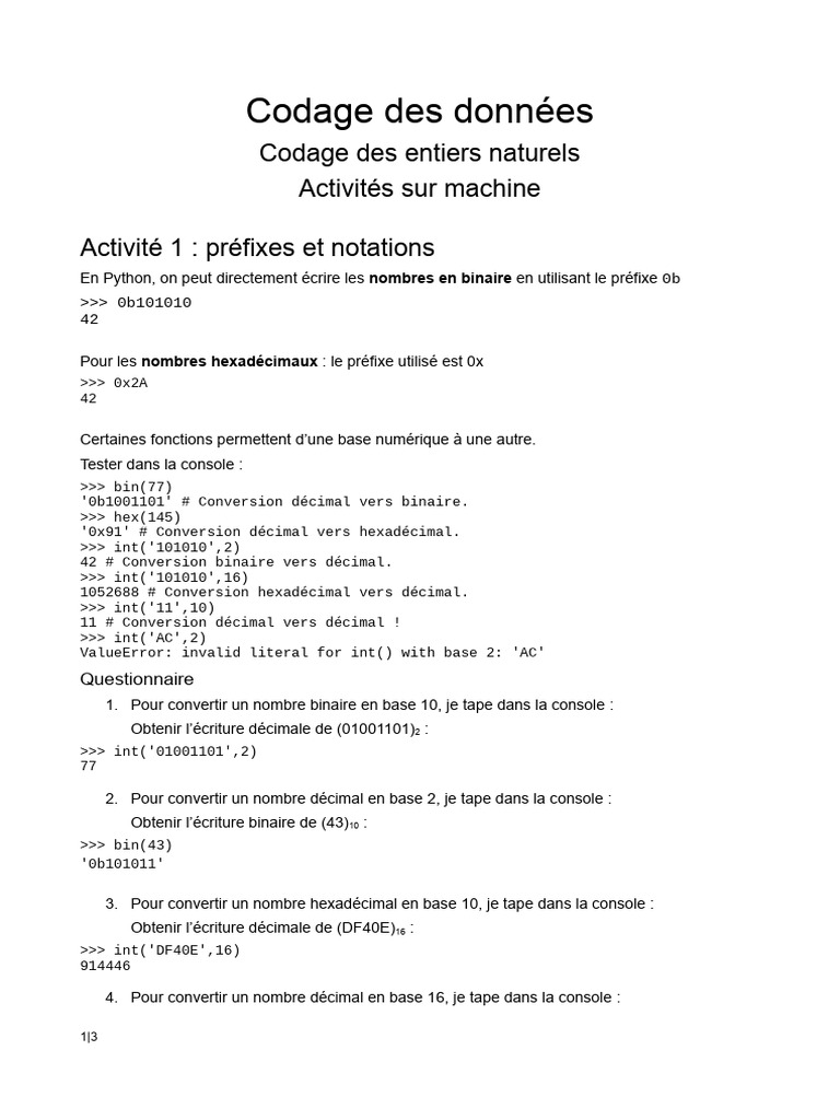 Codage des nombres en Python | PDF | Notation (mathématiques ...