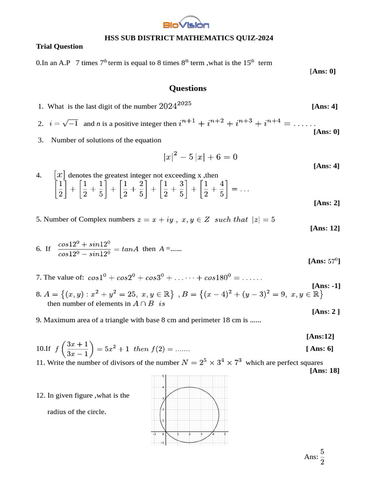 HSS Sub District Maths Quiz 2024 | PDF | Numbers | Area