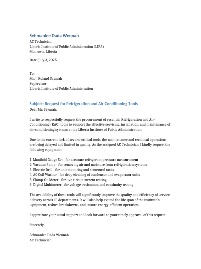 Refrigeration AC Tools Request Final | PDF