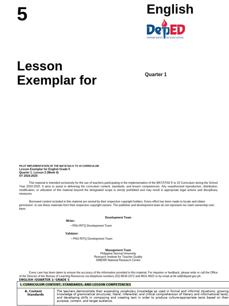 Grade 5 English Lesson Exemplar Q1 W2 | PDF | Learning | Reading ...