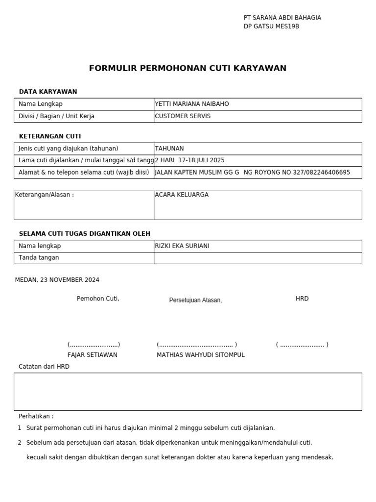 Formulir Cuti Karyawan PT Sarana Abdi | PDF