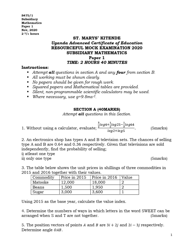 St. Marys' Kitende Subsidiary Math Exam | PDF | Mathematics | Applied ...