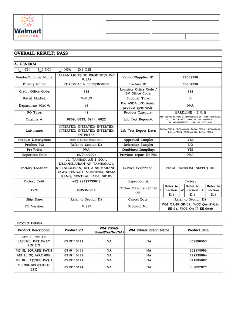 Walmart Inspection Report for ALPAN Lighting | PDF | Walmart