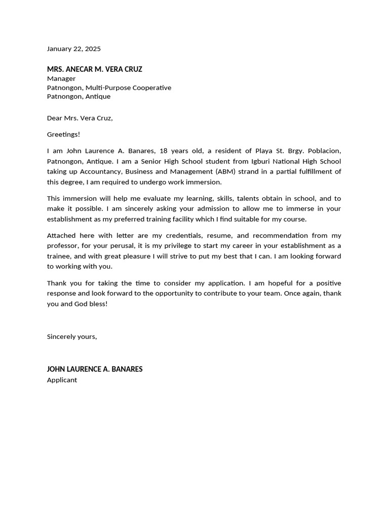Work Immersion Application Letter | PDF