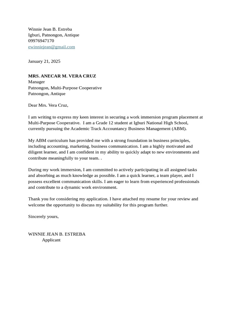 Work Immersion Application by Student | PDF