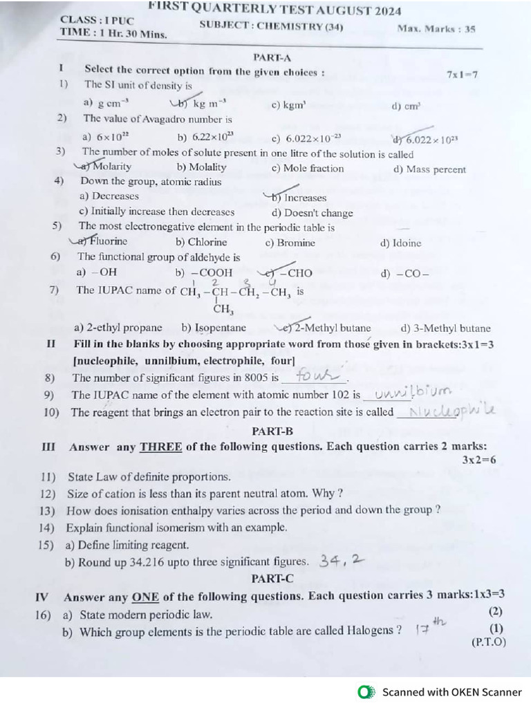 I PUC - First Unit Test - 2024 | PDF