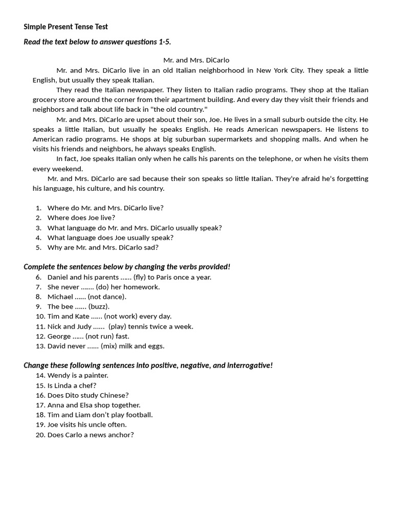 Simple Present Tense Practice Test | PDF