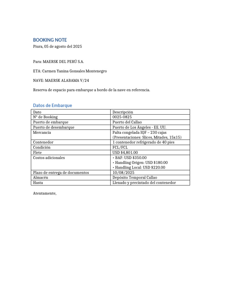 Tabla Booking Note Piura 2025 | PDF