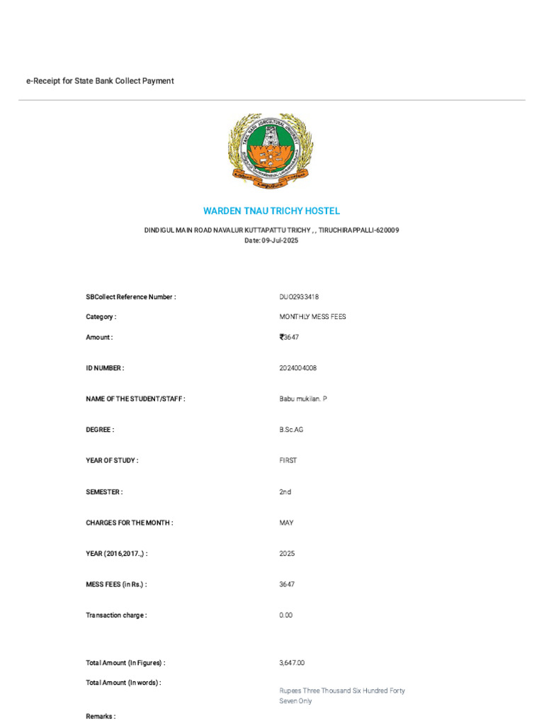 TNAU Hostel Mess Fees e-Receipt | PDF