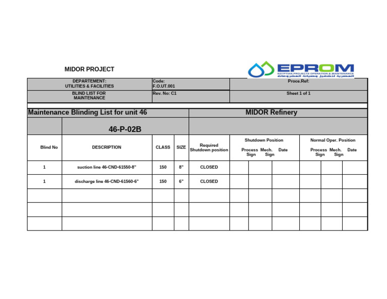 MIDOR Refinery Maintenance Blinding List | PDF