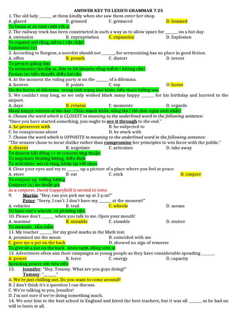 Lexico Grammar Answer Key 7.25 | PDF | Chess Theory | Chess