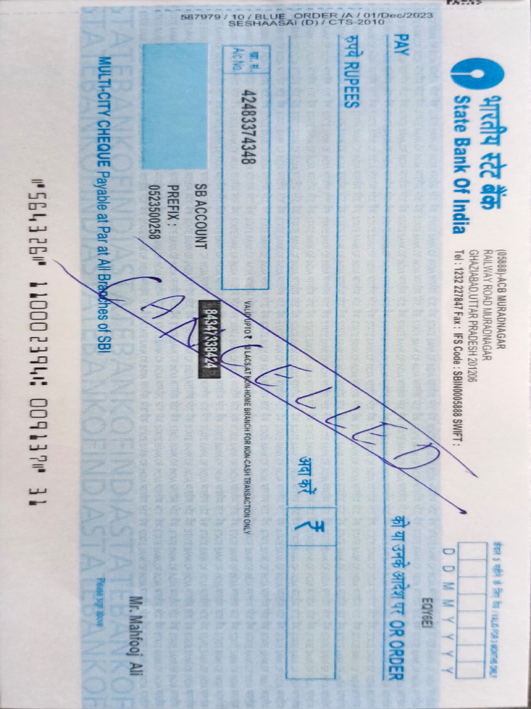 Cancelled Cheque Details for SBI | PDF | Banking | Banks