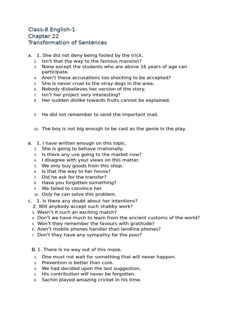Sentence Transformation Exercises for Class 8 | PDF