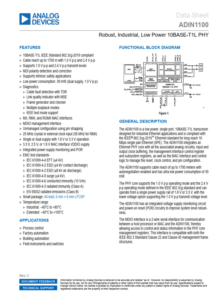 ADIN1100 Low Power PHY Datasheet | PDF | Electronic Engineering | Computing