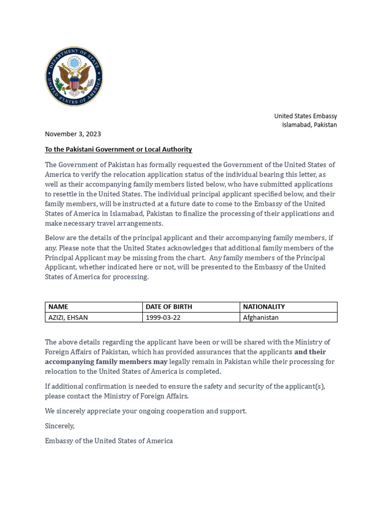 US Embassy Relocation Request for Afghan Family | PDF