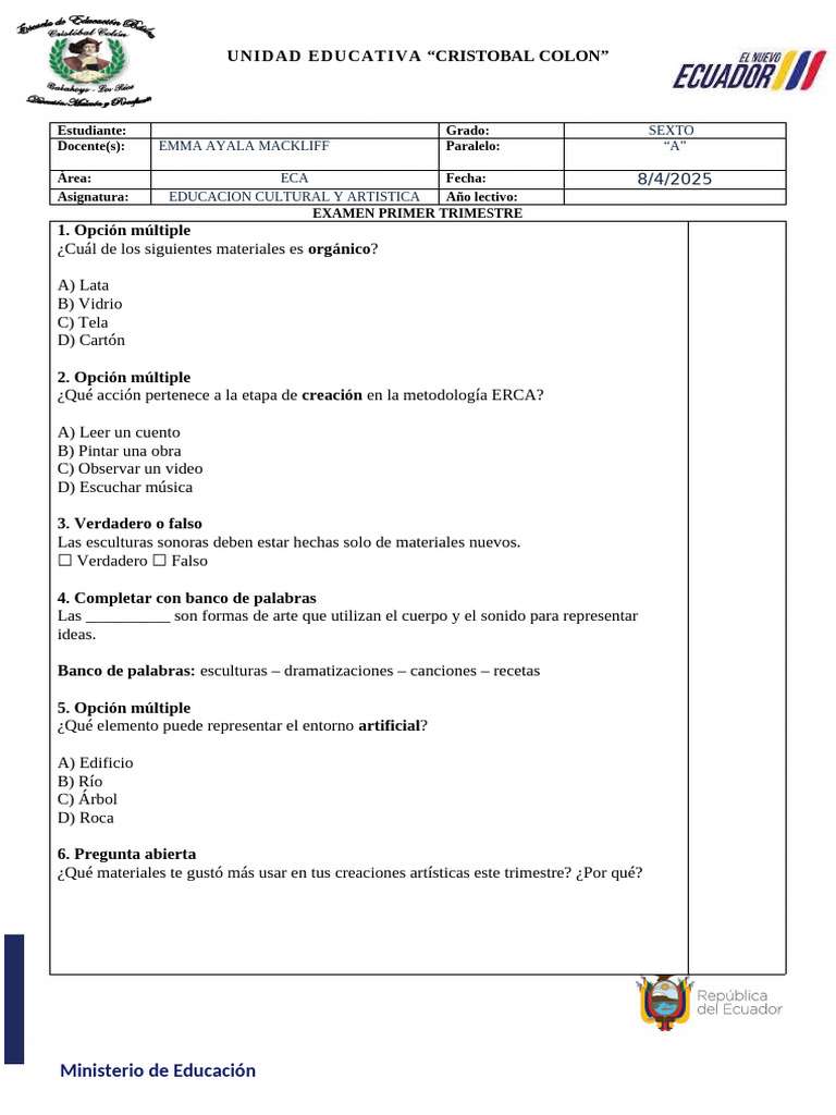 Examen ECA Sexto Grado 2025 | PDF